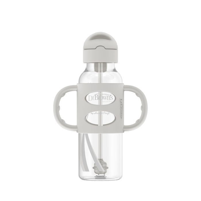 Dr. Brown's Milestones Narrow Sippy Straw Bottle, 8 oz/250 mL, features silicone handles, a spill-proof gray lid, and a silicone grip to support baby drinking skills. Includes straw inside for easy sipping.