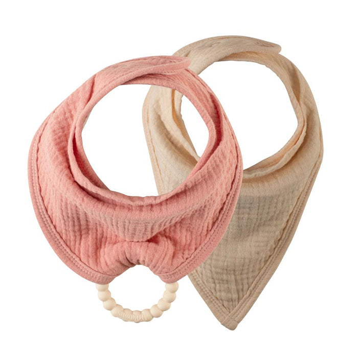 Dr. Brown’s® Muslin Bandana Bibs with Flexees™ Beaded Teether Ring by Dr. Brown's includes two soft, textured bandana bibs in pink and beige; the pink bib features an attached teether ring to help soothe your teething baby.