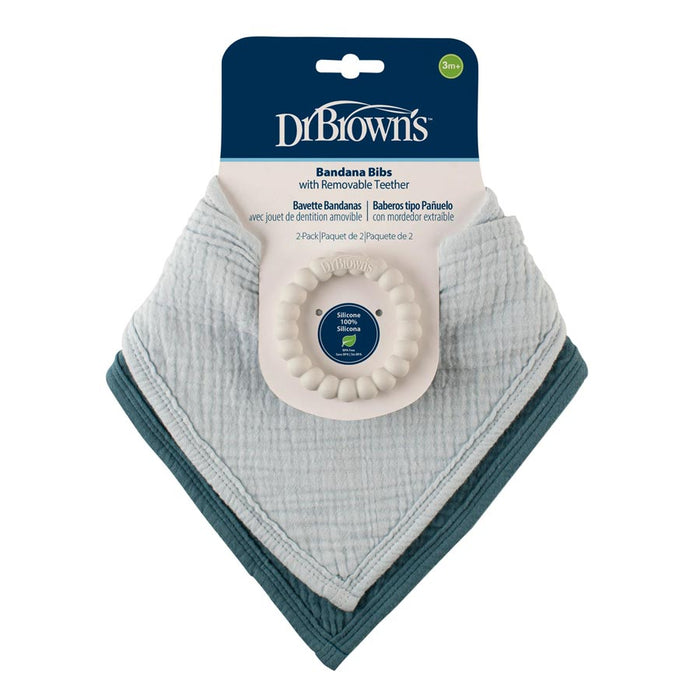 Dr. Brown’s® Muslin Bandana Bibs with Flexees™ Beaded Teether Ring come in a 2-pack (light gray and teal), offering soothing relief for teething babies ages 3 months and up.