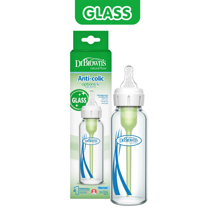 Dr. Brown’s Natural Flow® Anti-Colic Options+™ Narrow Baby Bottle with Level 1 Slow Flow Nipple, 8 oz/250 mL, is shown here alongside its packaging marked “GLASS” at the top. Recommended by pediatricians, this Dr. Brown’s baby bottle features a unique vent system designed to help reduce colic and ensure a comfortable feeding experience for your little one.