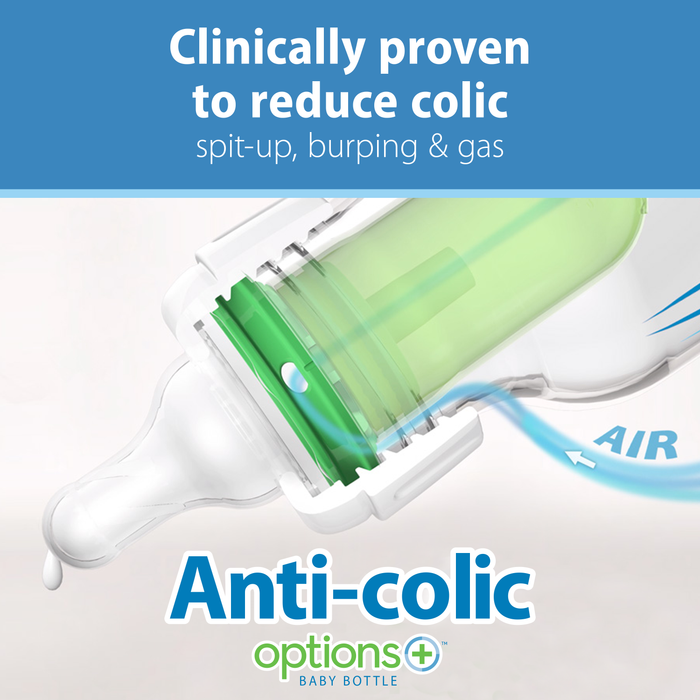 Close-up of a Dr. Brown’s Natural Flow® Anti-Colic Options+™ Narrow Baby Bottle with Level 1 Slow Flow Nipple (8 oz/250 mL), showcasing its built-in air vent system. The label highlights its anti-colic design and notes that it is clinically proven and recommended by pediatricians to help reduce colic, spit-up, burping, and gas.
