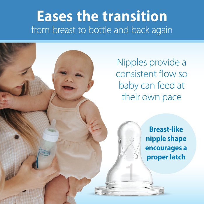 A mother holds a smiling baby and a bottle; an enlarged Dr. Brown’s Natural Flow® Anti-Colic Options+™ Narrow Baby Bottle with Level 1 Slow Flow Nipple (8 oz/250 mL) appears beside text highlighting its pediatrician-recommended, anti-colic design—ideal for transitioning between breast and bottle feeding.