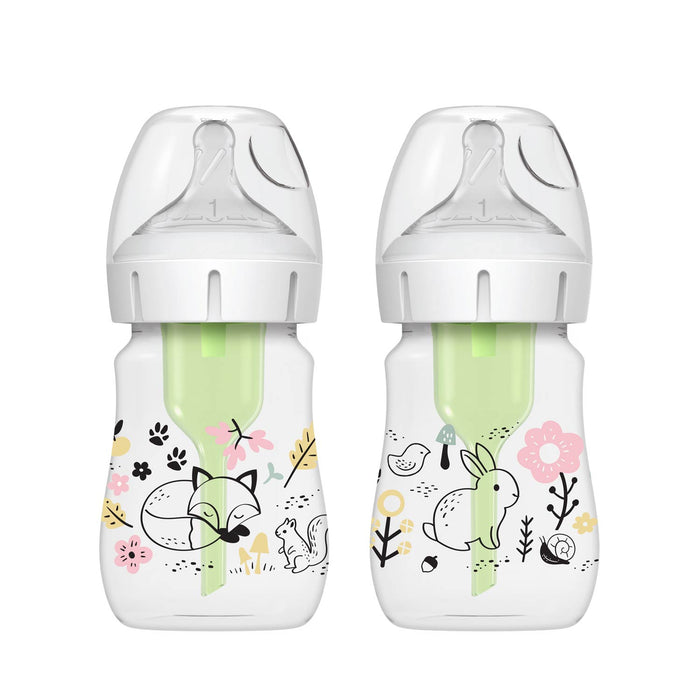 Two Dr. Brown’s Natural Flow® Anti-Colic Options+™ Wide-Neck Baby Bottles (5oz/150mL, 2-Pack), each featuring a clear body, green insert, and charming animal illustrations—including a fox, squirrel, rabbit, and bird—are surrounded by flowers and leaves. These pediatrician-recommended bottles from Dr. Brown’s offer anti-colic benefits along with comfort and style for your little one.