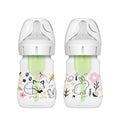 Two Dr. Brown’s Natural Flow® Anti-Colic Options+™ Wide-Neck Baby Bottles (5oz/150mL, 2-Pack), each featuring a clear body, green insert, and charming animal illustrations—including a fox, squirrel, rabbit, and bird—are surrounded by flowers and leaves. These pediatrician-recommended bottles from Dr. Brown’s offer anti-colic benefits along with comfort and style for your little one.
