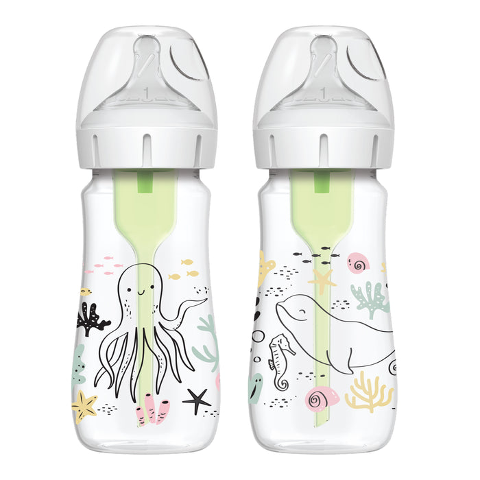 A 2-pack of Dr. Brown’s Natural Flow® Anti-Colic Options+™ Wide-Neck Baby Bottles, each 9 oz/270 mL with Level 1 Slow Flow Nipples, featuring green inserts and ocean-themed illustrations—including an octopus, a whale, fish, and sea plants. Pediatrician recommended to help provide a comfortable feeding experience.