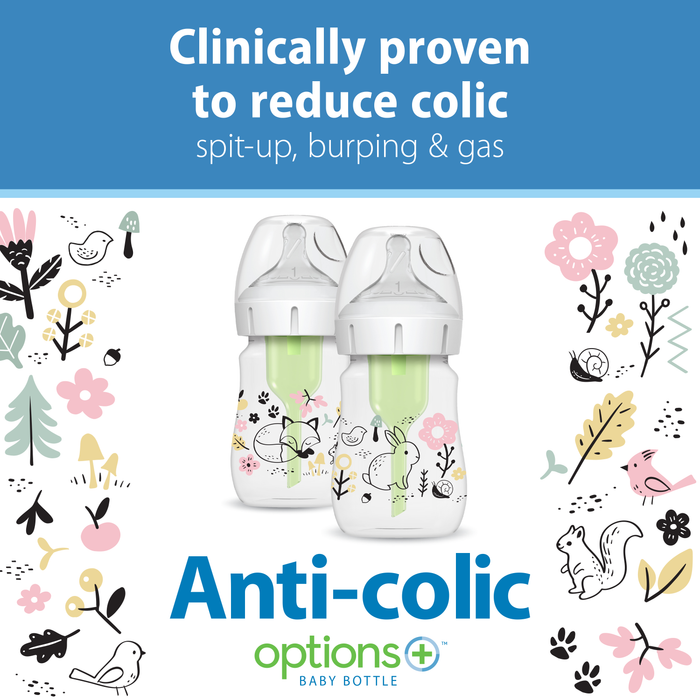 Two Dr. Brown’s Natural Flow® Anti-Colic Options+™ Wide-Neck Baby Bottles (5oz/150mL, 2-Pack) with floral designs are surrounded by illustrations of flowers and birds, highlighting clinically proven anti-colic benefits—trusted and recommended by pediatricians for your little one’s comfort.