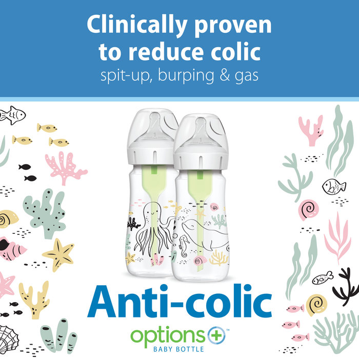 Two Dr. Brown’s Natural Flow® Anti-Colic Options+™ Wide-Neck Baby Bottles with green inserts are displayed among sea-themed illustrations. Text reads: Clinically proven to reduce colic, spit-up, burping & gas. Pediatrician recommended Dr. Brown’s Natural Flow® Anti-Colic Options+™ Wide-Neck Baby Bottle, 9 oz/270 mL, 2-Pack.