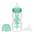 Dr. Brown's Natural Flow Anti-Colic Options+ Wide-Neck Sippy Bottle Starter Kit features a green-capped bottle with star and circle designs, plus an extra nipple and cap—perfect for easing your child into sippy cups.