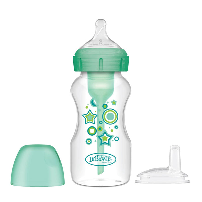 Dr. Brown's Natural Flow Anti-Colic Options+ Wide-Neck Sippy Bottle Starter Kit features a green-capped bottle with star and circle designs, plus an extra nipple and cap—perfect for easing your child into sippy cups.