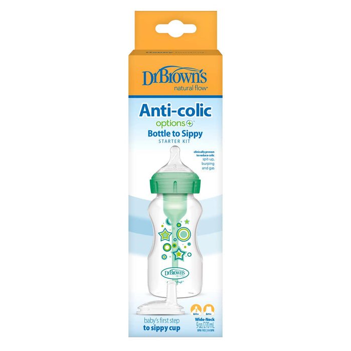 Dr. Brown's Natural Flow Anti-Colic Options+ Wide-Neck Sippy Bottle Starter Kit features a clear, anti-colic bottle with green and blue designs and a green spout—perfect for helping your little one transition from bottle to sippy cup.