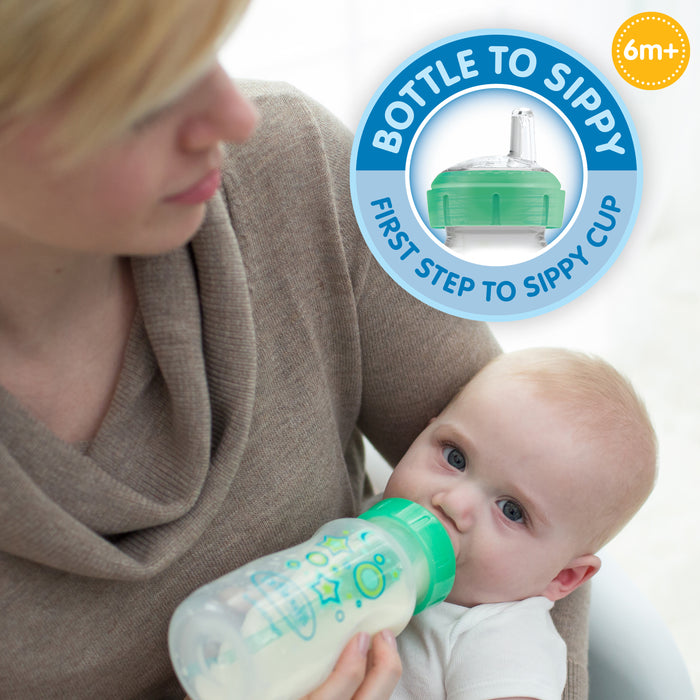A woman feeds a baby with Dr. Brown's Natural Flow Anti-Colic Options+ Wide-Neck Sippy Bottle Starter Kit, featuring a green sippy cup lid and a label that reads, "Bottle to Sippy, First Step to Sippy Cup, 6m+.