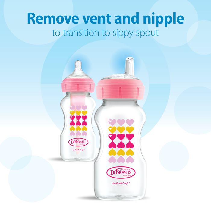 Dr. Brown’s Natural Flow Anti-Colic Options+ Wide-Neck Sippy Bottle Starter Kit includes two bottles with pink lids: one with a standard nipple, one with a silicone sippy spout—remove vent and nipple to transition for an anti-colic sippy cup.