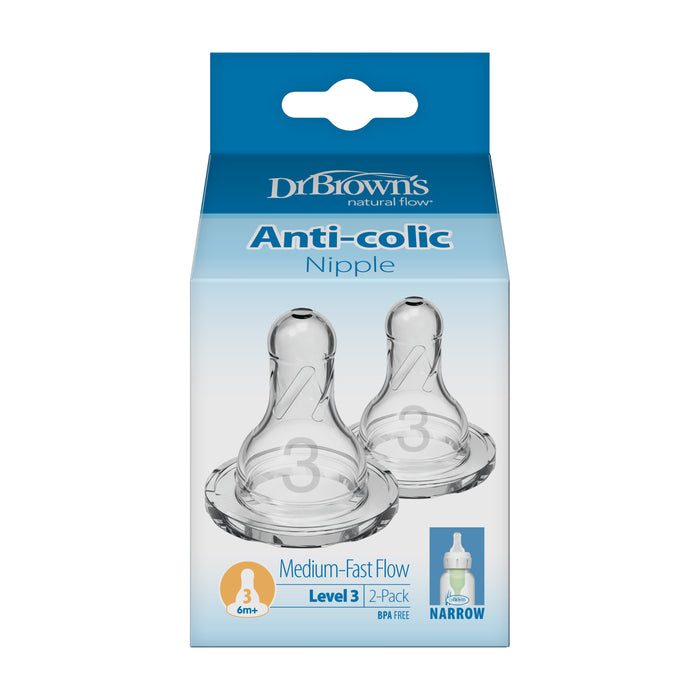 Dr. Brown's Natural Flow Narrow Baby Bottle Silicone Nipple, Level 3, 2-Pack is BPA free and designed for babies 6+ months; perfect for comfortable feeding with narrow-neck bottles.