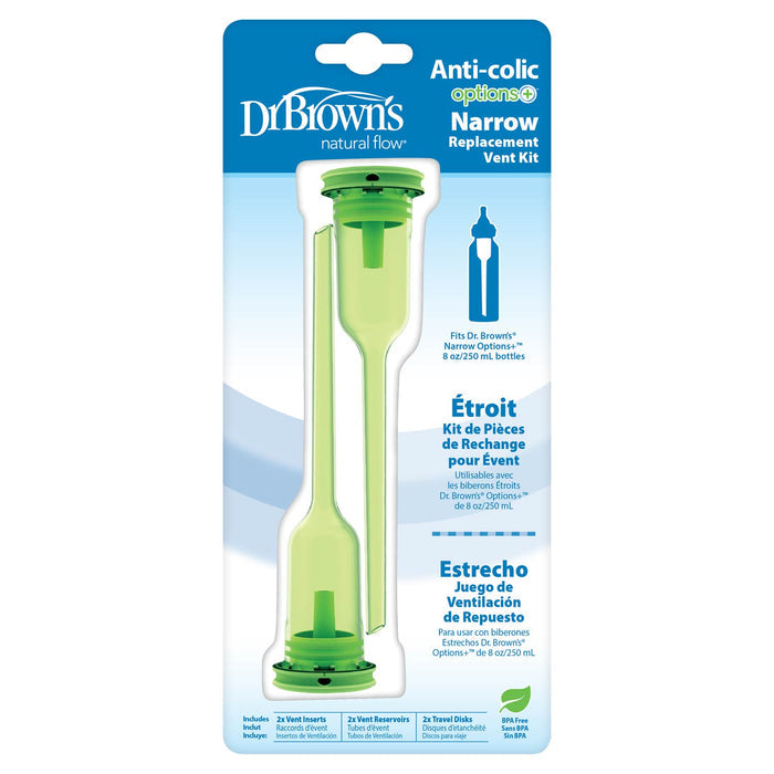 Dr. Brown's Natural Flow Options+ Narrow Baby Bottle Replacement Vent Kit, 8oz, 2-Pack includes two vent reservoirs and inserts—key parts to help reduce colic and ensure optimal bottle performance.