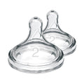 Two Dr. Brown's Natural Flow Wide-Neck Baby Bottle Silicone Nipples, size 2, are shown side by side on a white background—ideal replacements for your anti-colic bottles.