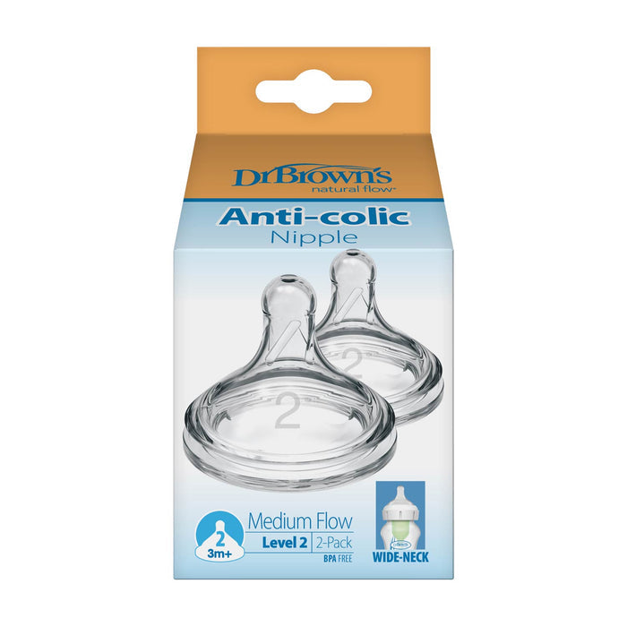 Dr. Brown's Natural Flow Wide-Neck Baby Bottle Silicone Nipple, Level 2 Medium Flow, BPA-free, 2-pack for babies 3 months+, designed for anti-colic feeding systems.