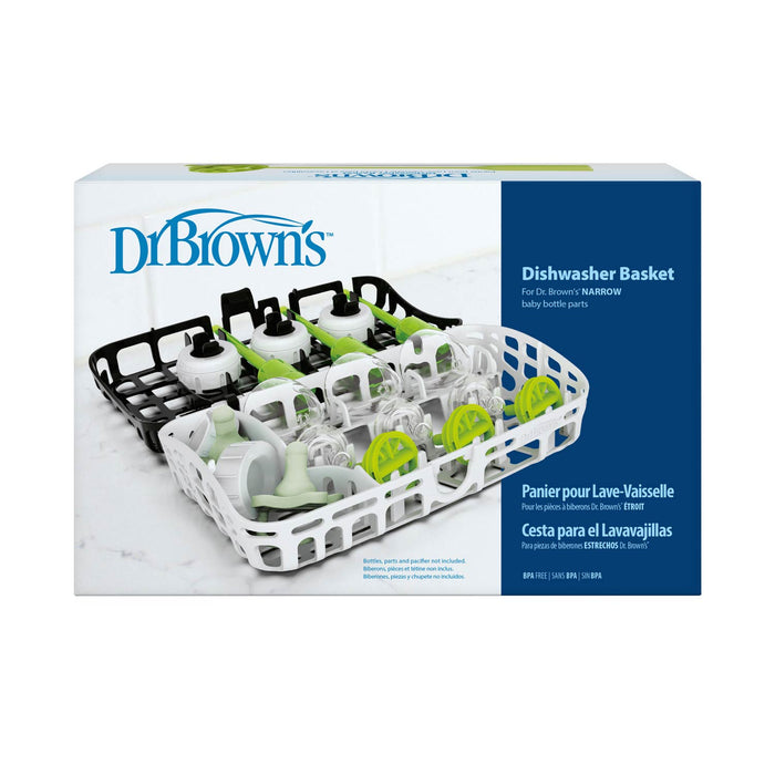 Dr. Brown's™ Options+™ Dishwasher Basket for Narrow Baby Bottle Parts is shown in packaging, filled with bottles and parts. The blue, white, and green design on the box and basket highlights this ideal cleaning solution from Dr. Brown's.