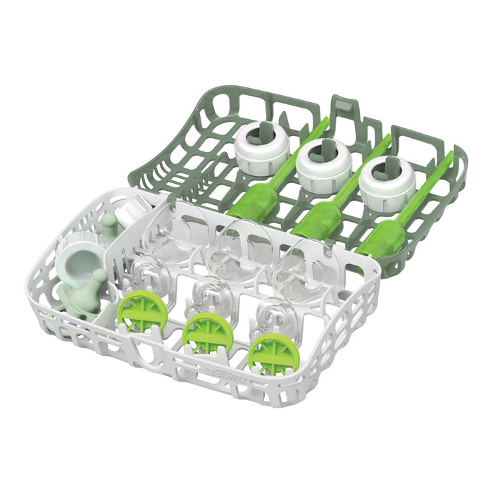 Dr. Brown's™ Options+™ Dishwasher Basket for Narrow Baby Bottle Parts is loaded with green and white lids, bottle nipples, and accessories arranged neatly in white and green compartments for thorough cleaning.