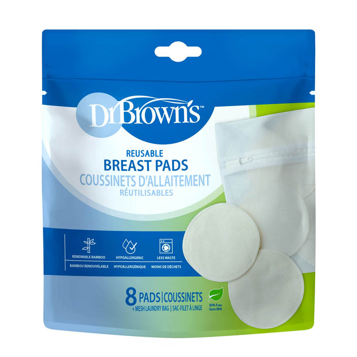 Dr. Brown's™ Reusable Breast Pads come in a pack of 8 bamboo terry blend pads with a mesh laundry bag. The hypoallergenic pads are made from sustainable materials for low waste, as highlighted on the Dr. Brown's packaging.