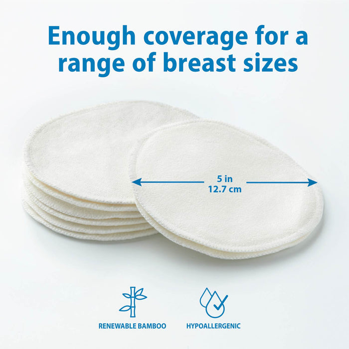 A stack of Dr. Brown's™ Reusable Breast Pads is shown with text: "Enough coverage for a range of breast sizes." A labeled line marks the 5-inch (12.7 cm) diameter. Icons highlight hypoallergenic and bamboo terry blend features.
