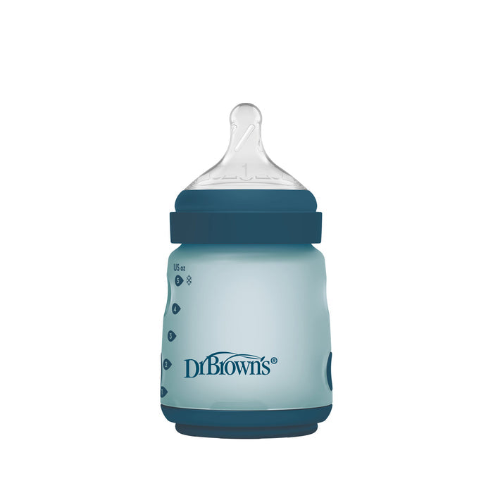 Dr. Brown's silicone wide-neck baby bottle with blue cap and base