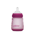 Pink Dr. Brown's silicone wide-neck baby bottle with purple cap