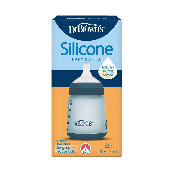 Dr. Brown's blue silicone wide-neck baby bottle packaging