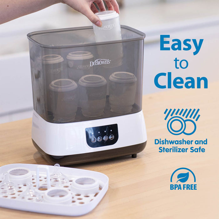 Dr. Brown's sterilizer with jars on a wooden surface, with the text 'Easy to Clean', 'Dishwasher and Sterilizer Safe' and 'BPA Free'.
