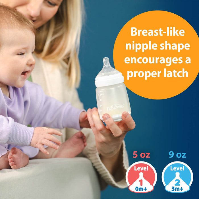 Woman holding a baby bottle with a baby, with text about the bottle's features.