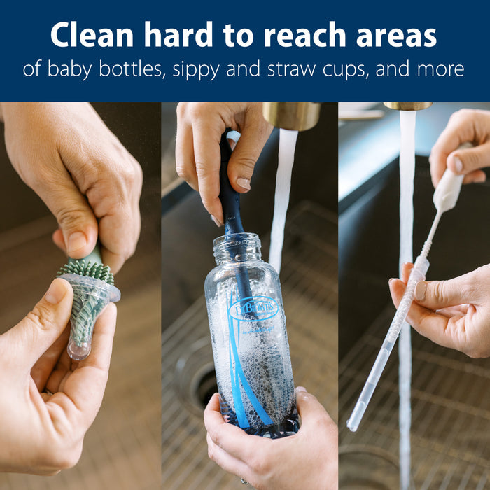 Three images show Dr. Brown’s® Silicone Cleaning Brush Set effectively cleaning baby bottle parts under running water: the green brush head on the left, a bottle being cleaned in the center, and a narrow brush handling a sippy cup straw on the right. Text above highlights superior cleaning capability.