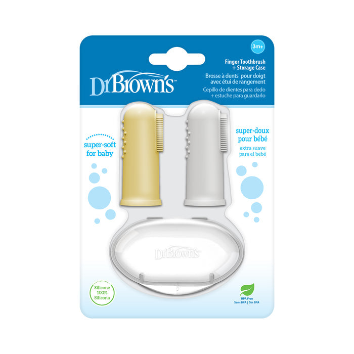 Dr. Brown's Silicone Finger Toothbrush and Storage Case, 2-Pack, includes two gentle brushes (yellow and clear) plus a storage case—perfect for baby oral care—all in retail packaging.