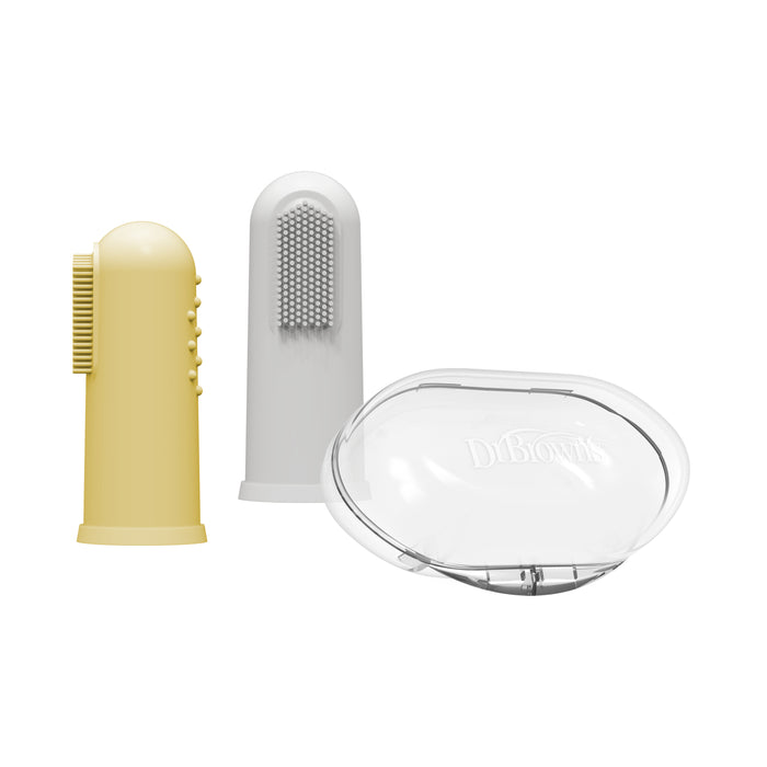 Dr. Brown's Silicone Finger Toothbrush and Storage Case, 2-Pack, includes two gentle silicone finger toothbrushes—one yellow and one white with bristles—plus a clear storage case for easy baby oral hygiene.