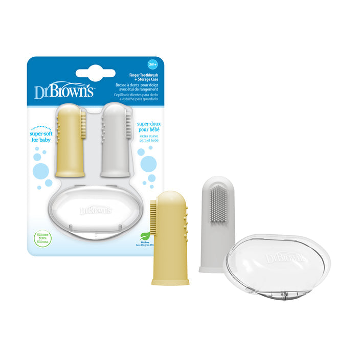 Dr. Brown's Silicone Finger Toothbrush and Storage Case, 2-Pack includes one yellow and one clear gray brush with textured bristles for gentle baby oral care, plus a storage case for convenience.