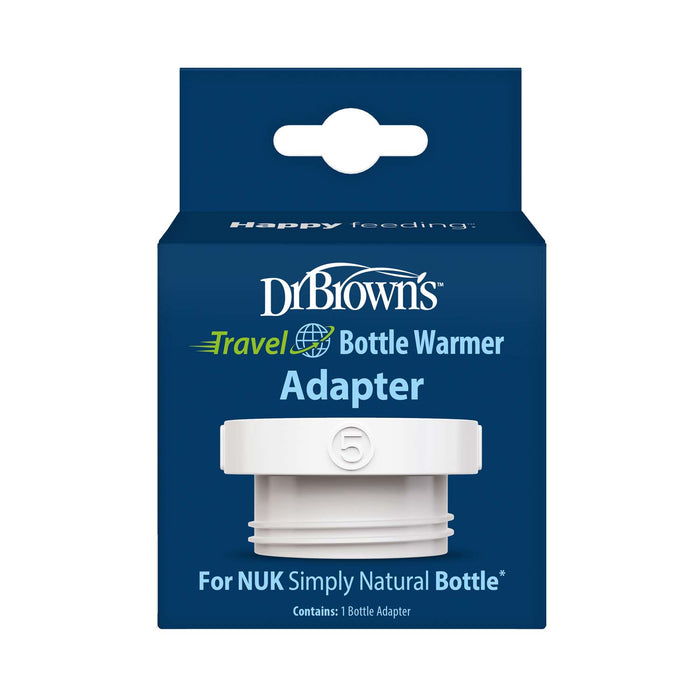 A blue box labeled “Dr. Brown’s™ Travel Bottle Warmer Adapter for NUK” features a white Dr. Brown’s adapter, highlights compatibility with NUK baby bottles, and provides essential travel bottle warmer details.