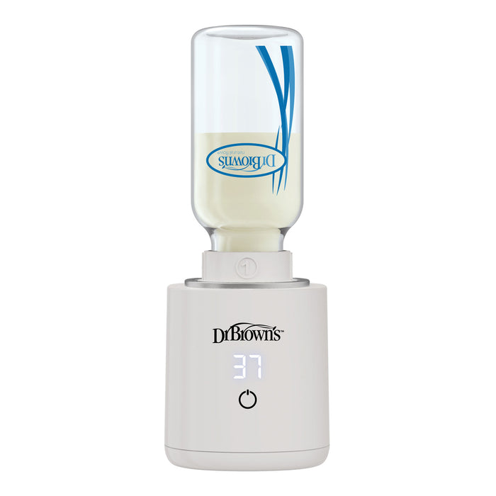 Dr. Brown's™ Travel Bottle Warmer is a travel-friendly solution featuring precise temperature control on a digital display and safely warms an upside-down bottle for added convenience.