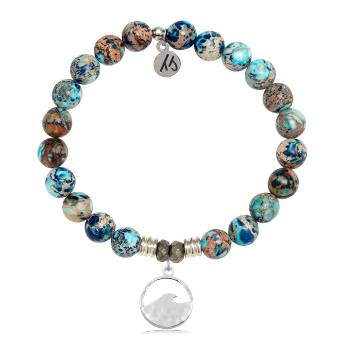 Earth Jasper Stone Bracelet with Hammered Waves Sterling Silver Charm