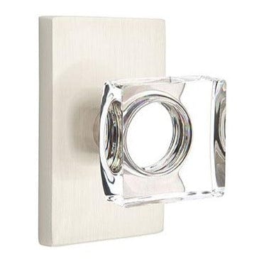 Emtek Modern Square Crystal Knob with Modern Rectangular Rosette in Satin Nickel