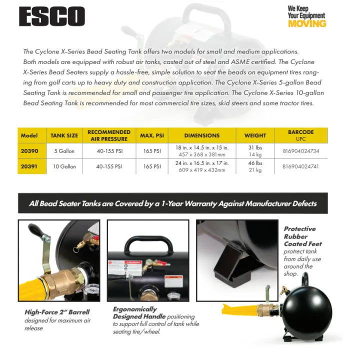 ESCO 20390 Cyclone-X Series 5 Gallon Truck Tire Bead Seater Specifications