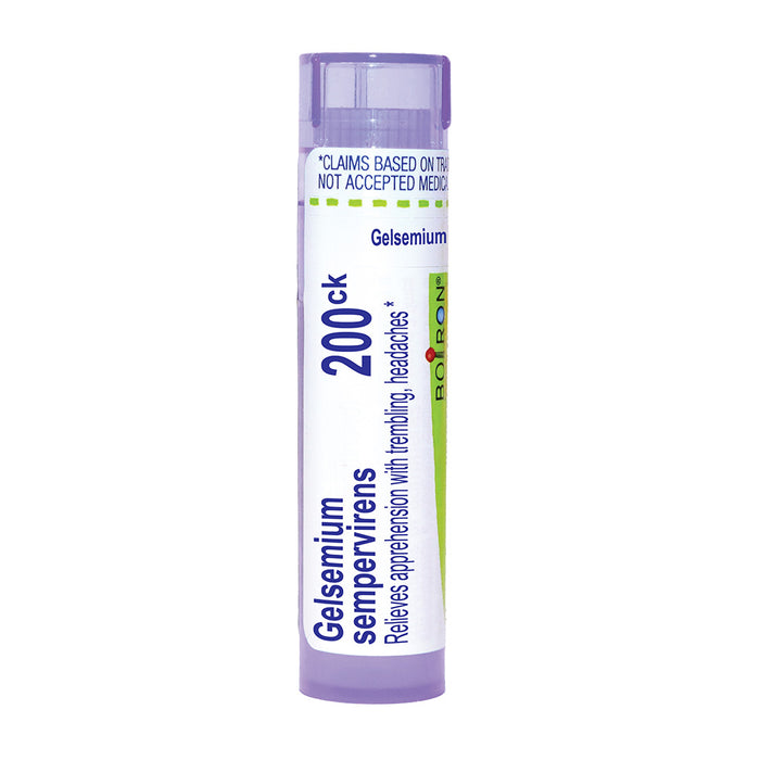 A tube of Boiron 200ck Gelsemium sempervirens with a white and purple label, set against a plain white background.