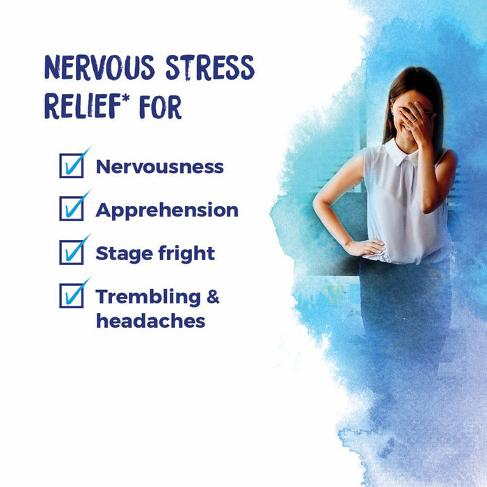 Person with hand on face against a blue watercolor background with text about nervous stress relief.