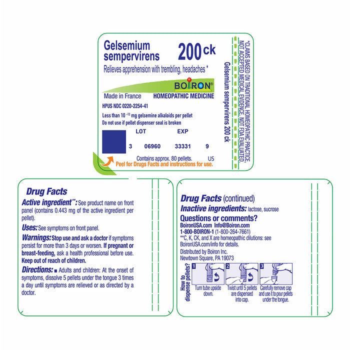 A boxed medicine package labeled Boiron Gelsemum sempervirens 200ck, shown on a white background with blue and green informational panels below it. The package includes a blue brand panel, a central white label with blue text and a small blue square, and a green Facts panel on the left.