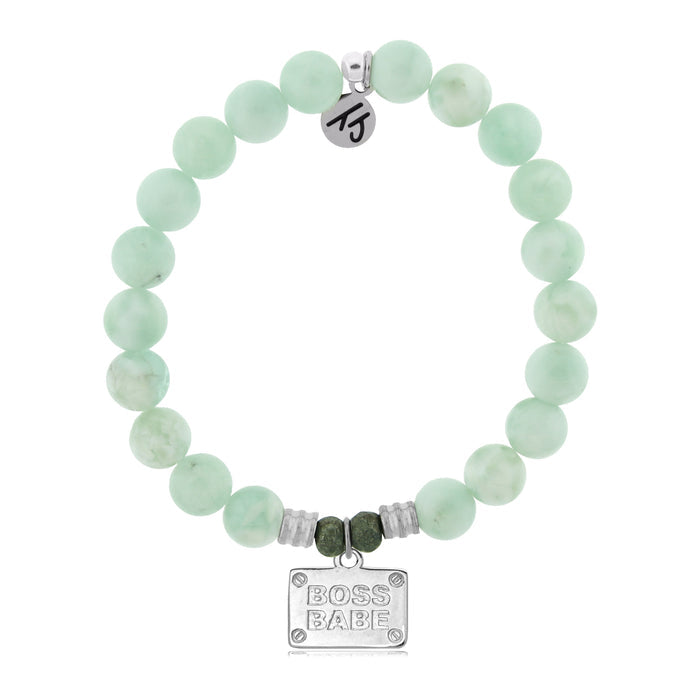 Green Angelite Stone Bracelet with Boss Babe Sterling Silver Charm