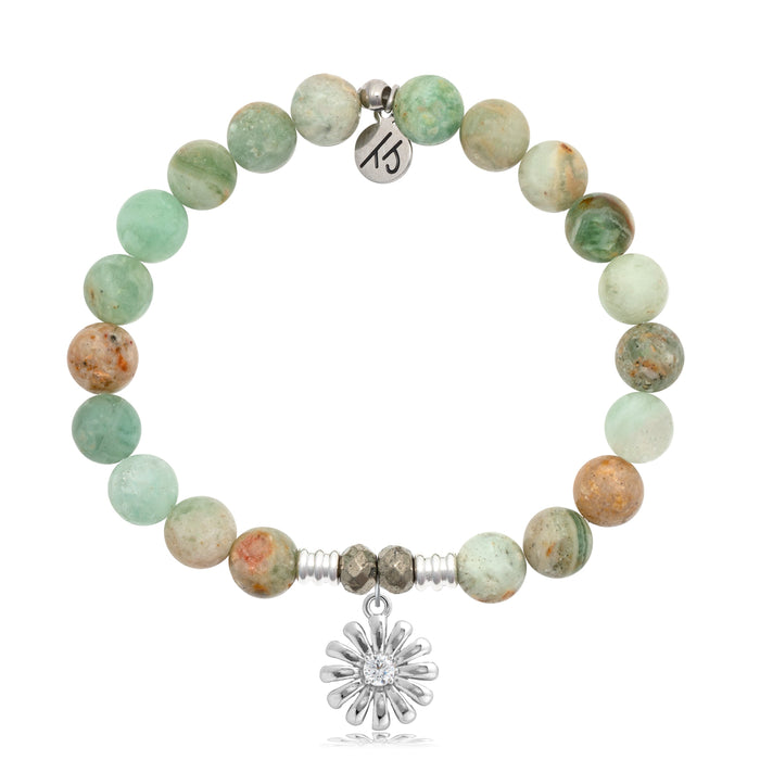 Green Quartz Stone Bracelet with Daisy Sterling Silver Charm