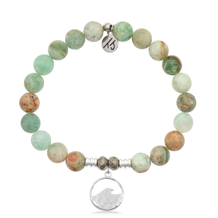 Green Quartz Stone Bracelet with Waves Sterling Silver Charm