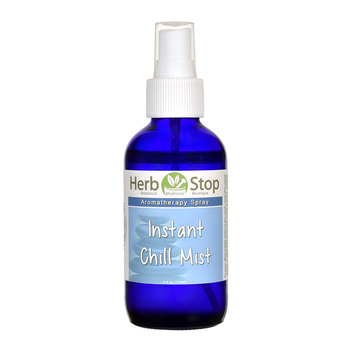 Blue spray bottle of Herb Stop Instant Chill Mist Aromatherapy Spray on a white background