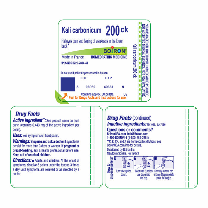 Boiron Kali carbonicum 200ck homeopathic medicine packaging insert card with drug facts and directions printed in blue and green text on a white background.