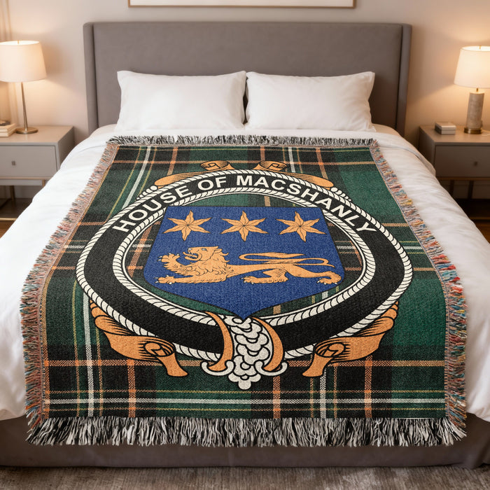 MacShanly Irish National Tartan woven blanket with family crest emblem