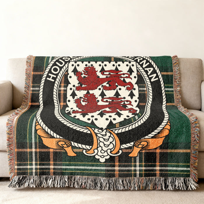 MacTiernan Irish National Tartan woven blanket displayed on a sofa