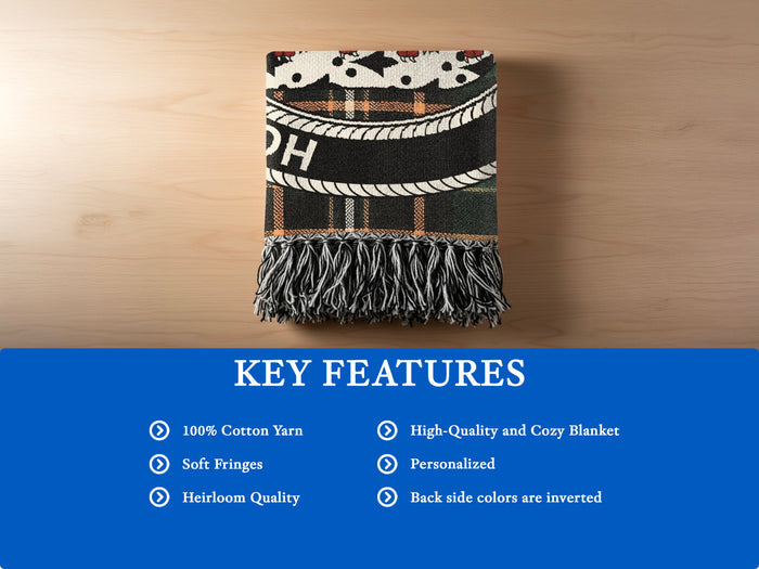 MacTiernan cotton woven blanket detail with decorative fringed edges