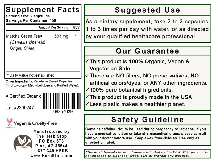 Matcha Green Tea Capsules Label - Back
